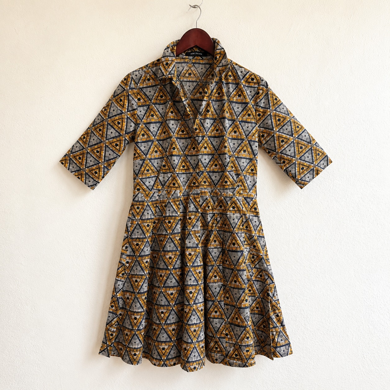 Sofie D’hoore Geometric Cotton Shirt Dress Mustard Gray Pleated Midi Size S